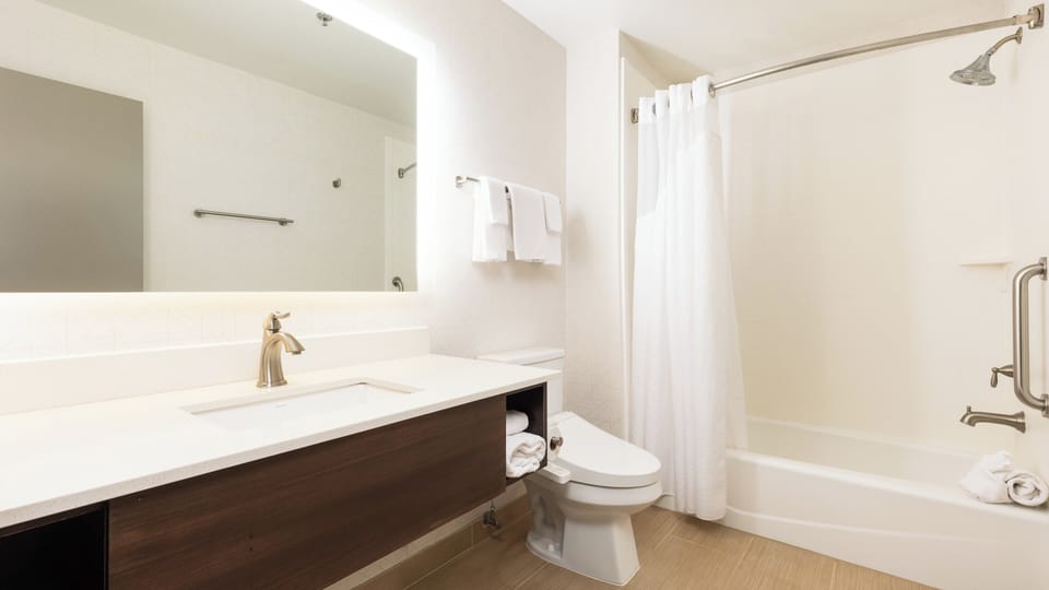 Eco-friendly toiletries, hair dryer, towels