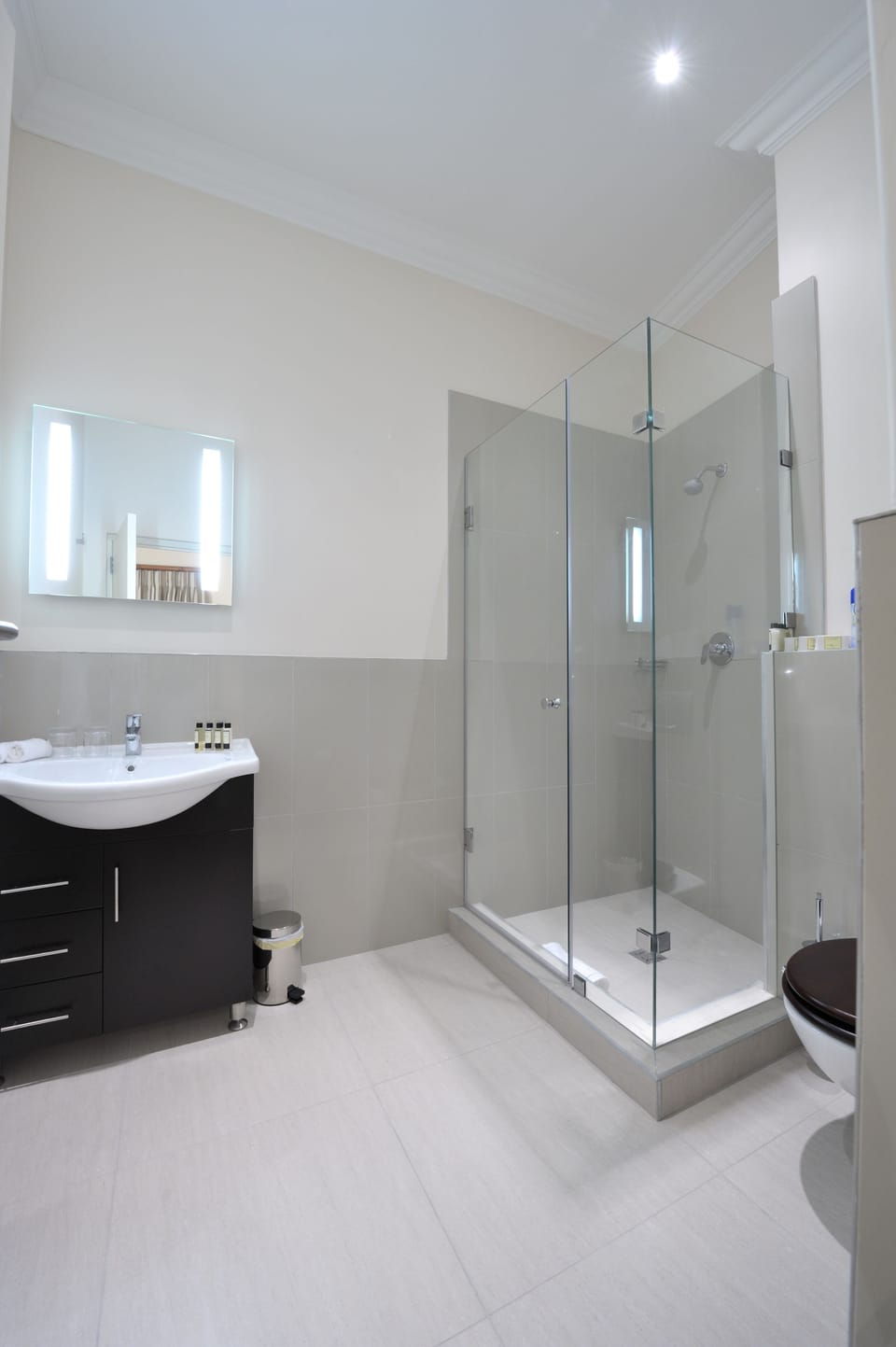 Shower, rainfall showerhead, free toiletries, hair dryer