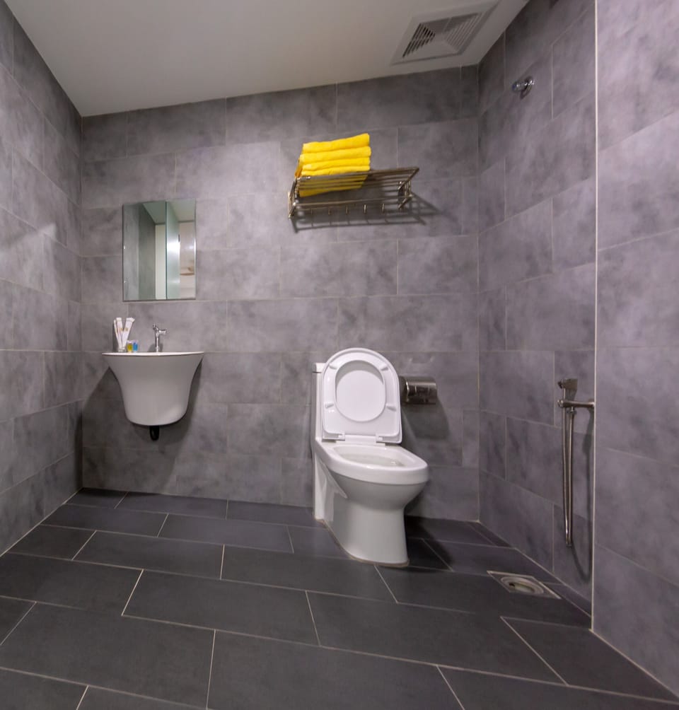 Shower, hair dryer, bidet, towels