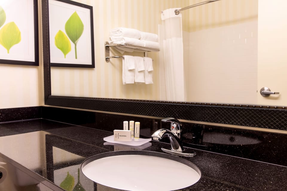 Combined shower/tub, free toiletries, hair dryer, towels