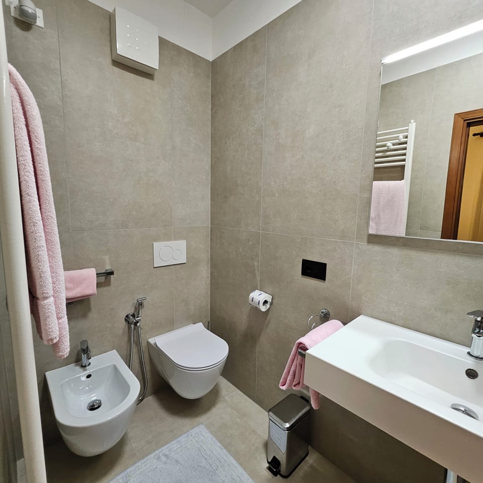 Shower, rainfall showerhead, free toiletries, hair dryer