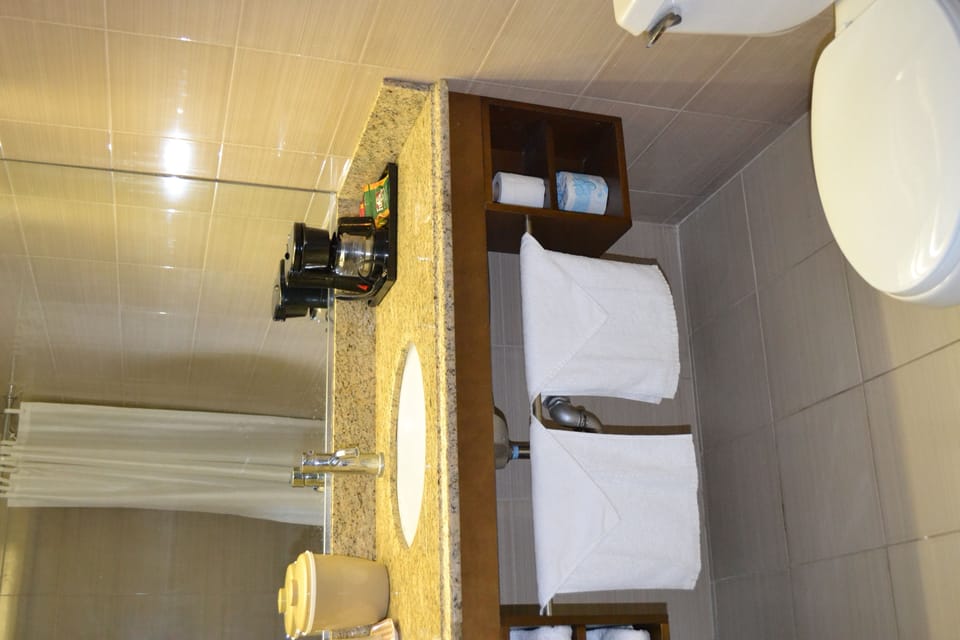 Combined shower/tub, free toiletries, hair dryer, towels