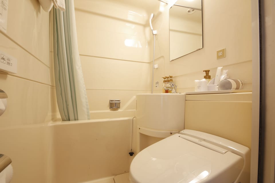 Combined shower/tub, deep soaking tub, free toiletries, hair dryer