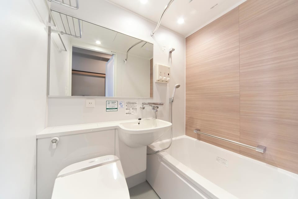 Combined shower/tub, hair dryer, slippers, electronic bidet