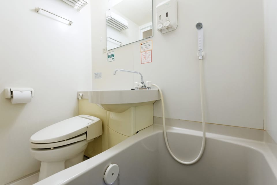 Combined shower/tub, hair dryer, bidet, towels