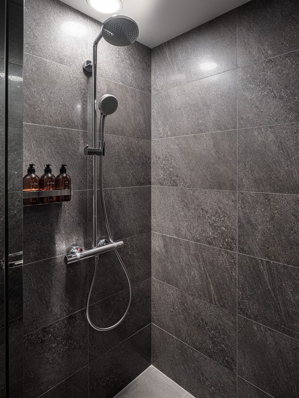 Shower, rainfall showerhead, designer toiletries, hair dryer