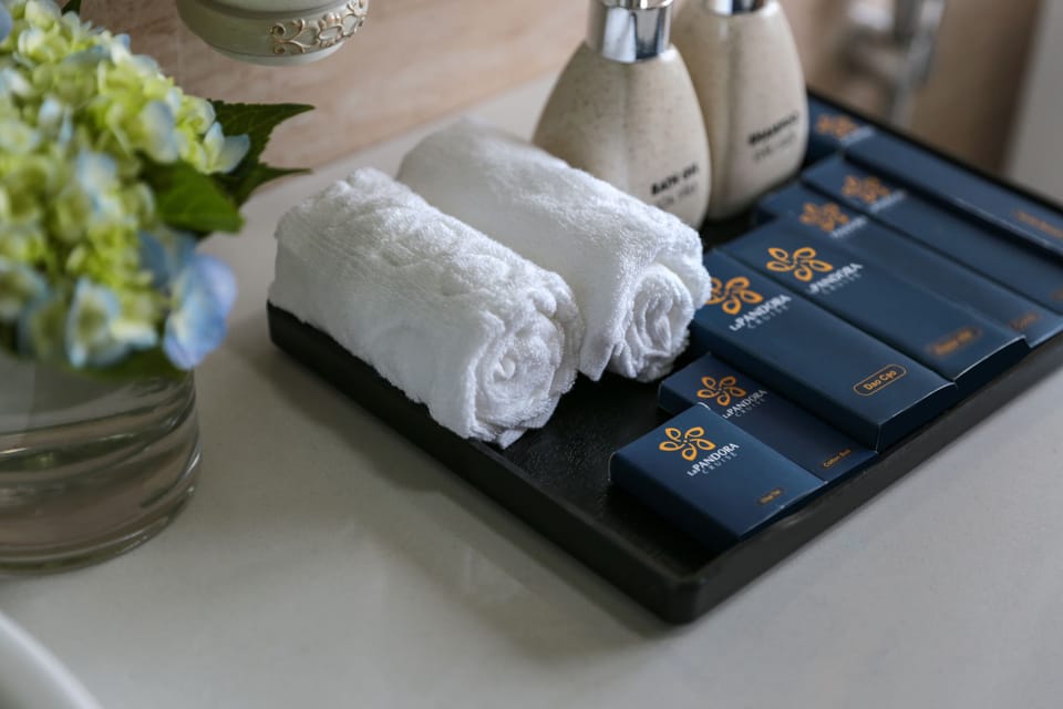 Shower, rainfall showerhead, free toiletries, hair dryer