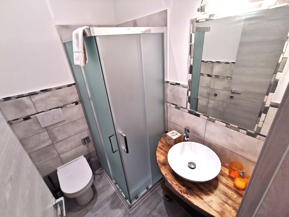 Shower, free toiletries, hair dryer, towels