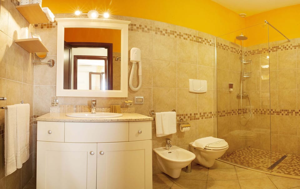 Shower, free toiletries, hair dryer, slippers