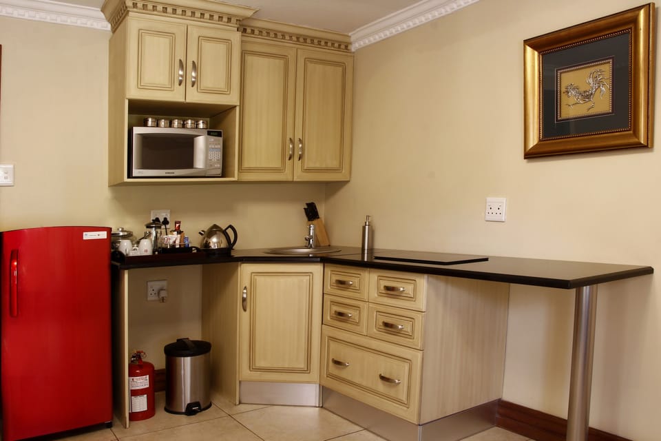 Fridge, microwave, coffee/tea maker, electric kettle
