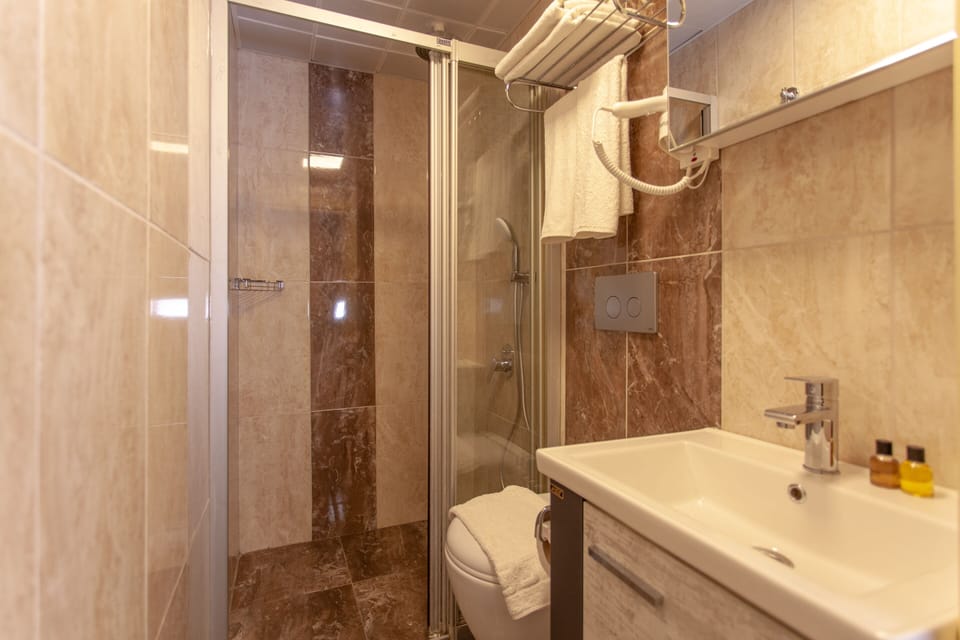 Combined shower/tub, jetted tub, free toiletries, hair dryer