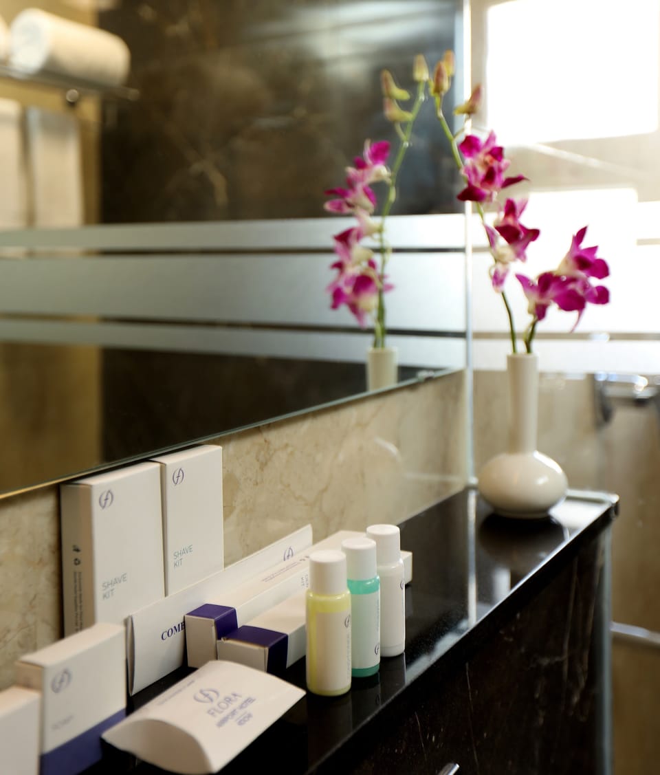 Shower, free toiletries, hair dryer, towels