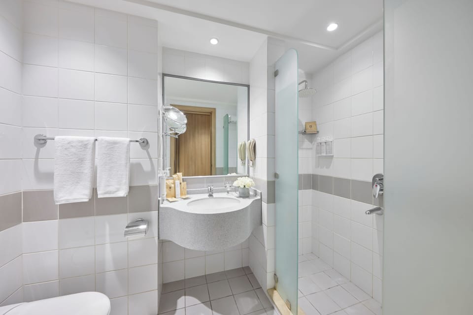 Shower, eco-friendly toiletries, hair dryer, slippers