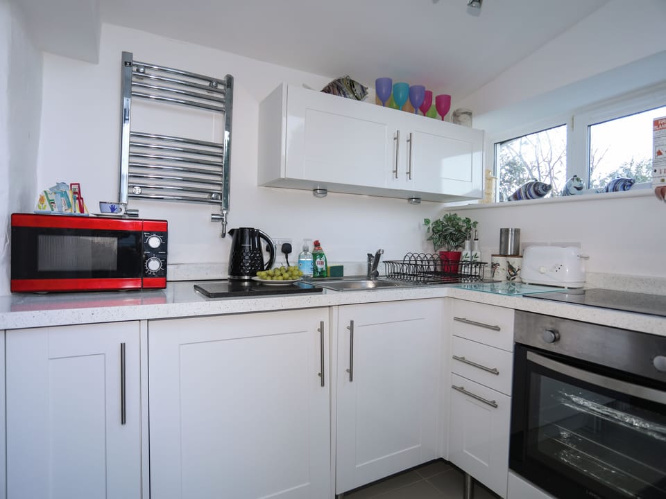 Fridge, microwave, dishwasher, cookware/dishes/utensils