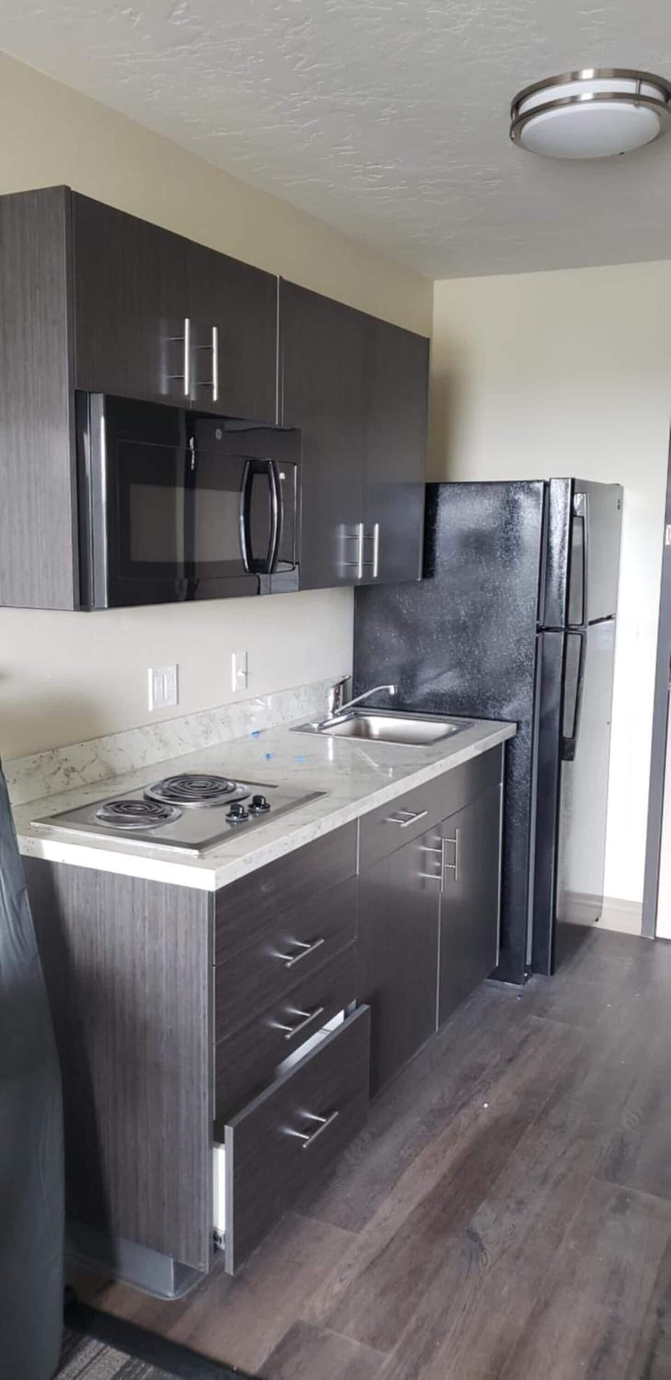 Full-size fridge, microwave, stovetop, coffee/tea maker