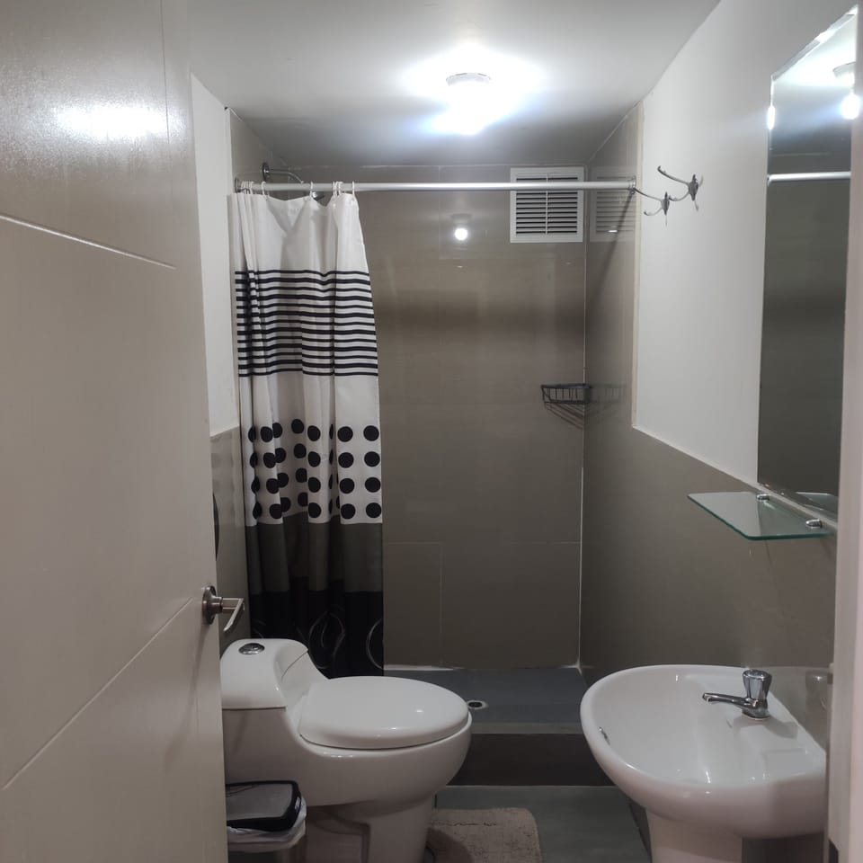 Shower, rainfall showerhead, hair dryer, towels