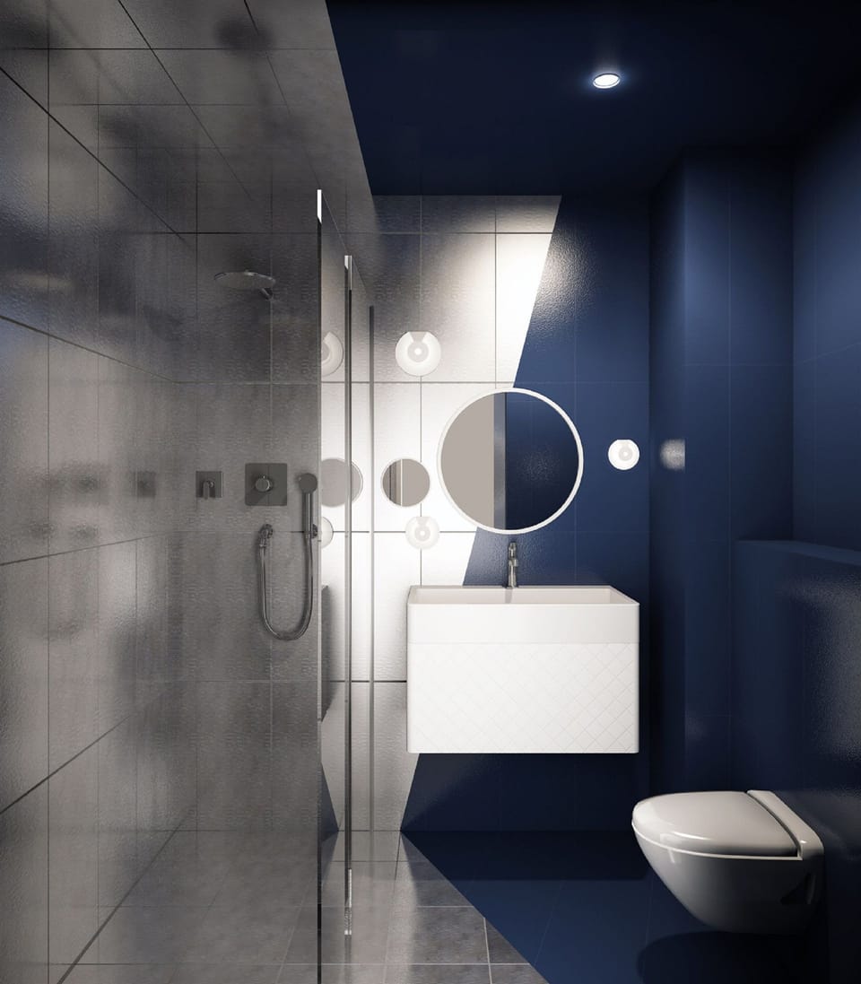 Shower, rainfall showerhead, designer toiletries, hair dryer