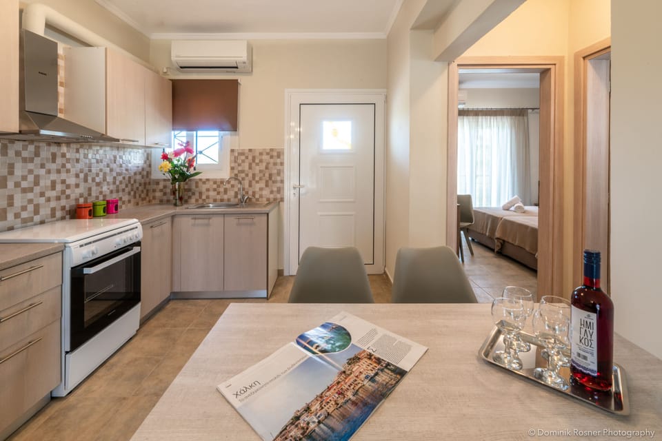 Full-size fridge, oven, stovetop, coffee/tea maker