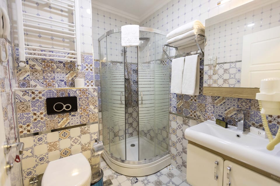 Shower, free toiletries, hair dryer, slippers
