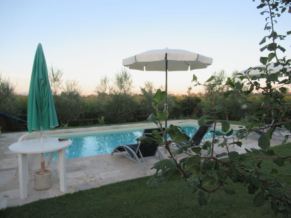 Seasonal outdoor pool, open 9:00 AM to 8:00 PM, pool umbrellas