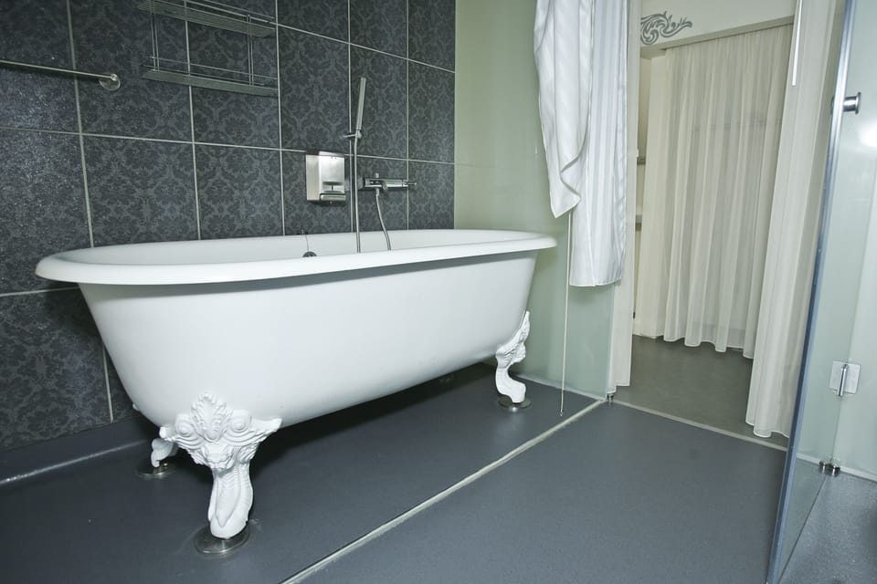 Shower, rainfall showerhead, hair dryer, bathrobes
