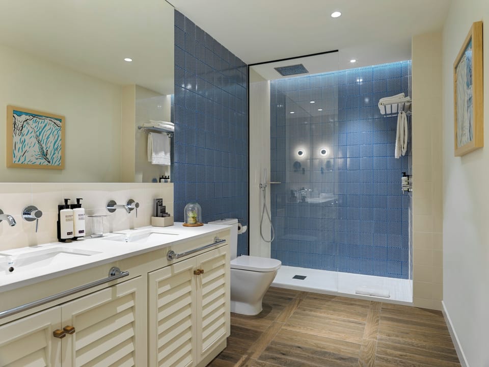 Rainfall showerhead, eco-friendly toiletries, hair dryer, towels
