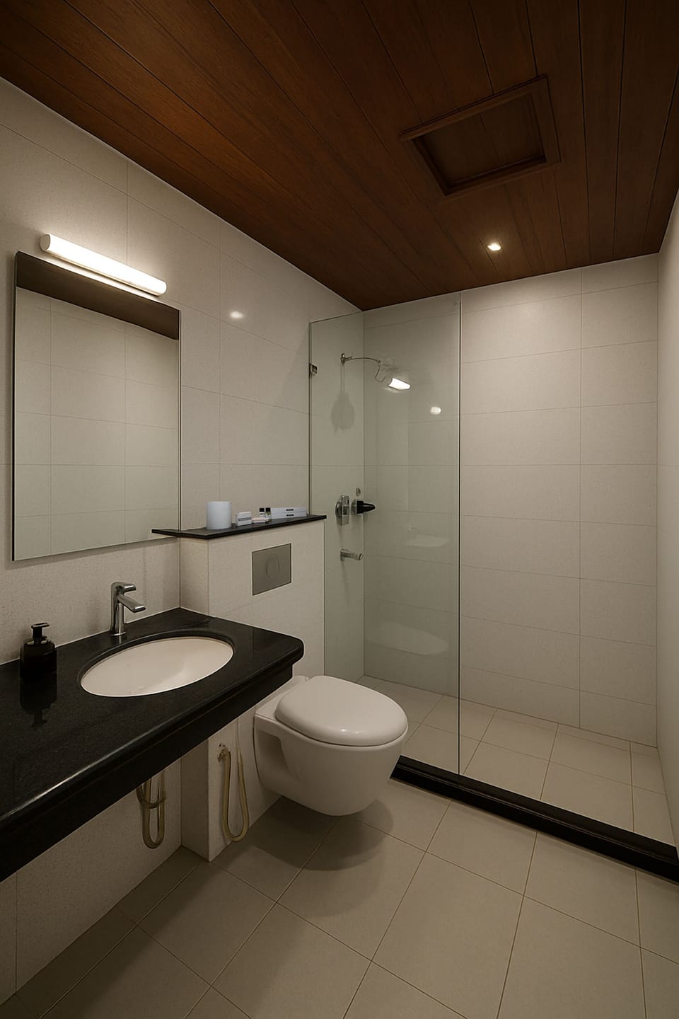 Shower, hydromassage showerhead, free toiletries, towels