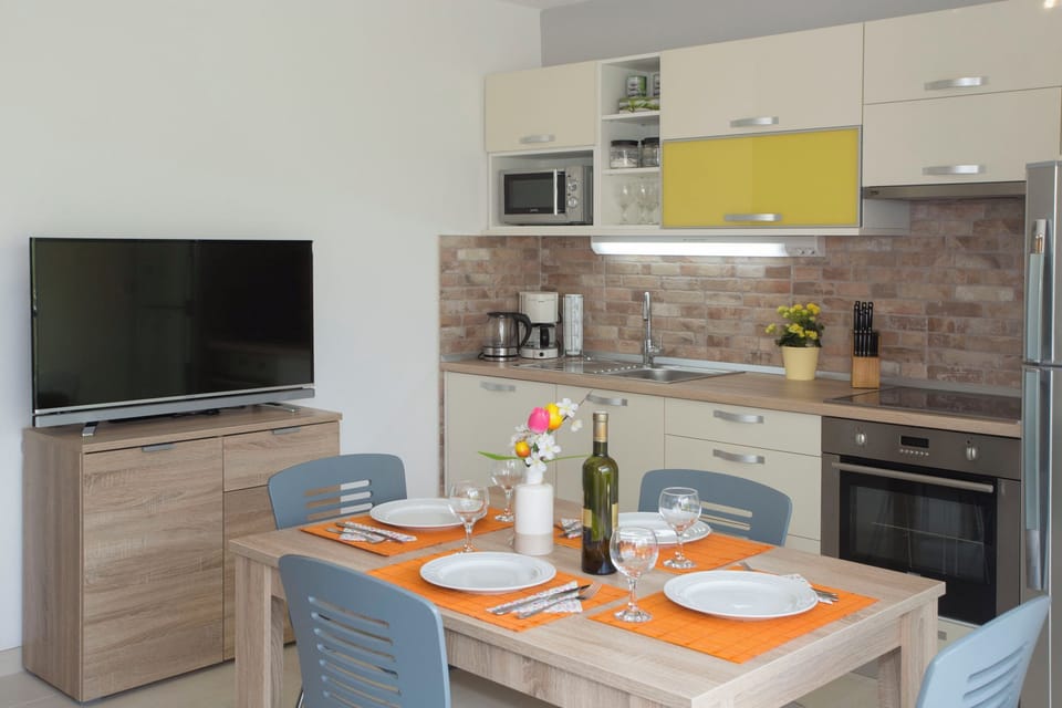 Apartment (A1) | Private kitchen | Fridge, microwave, oven, stovetop