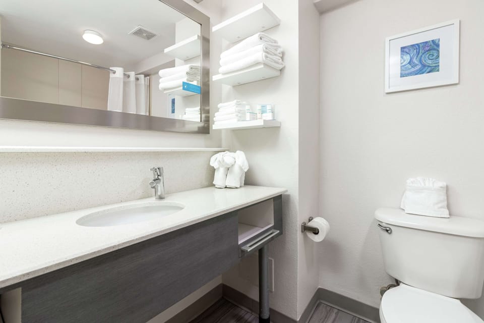 Combined shower/tub, free toiletries, hair dryer, towels
