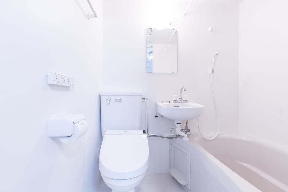 Combined shower/tub, hair dryer, slippers, bidet