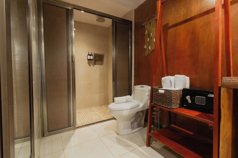 Shower, rainfall showerhead, free toiletries, towels