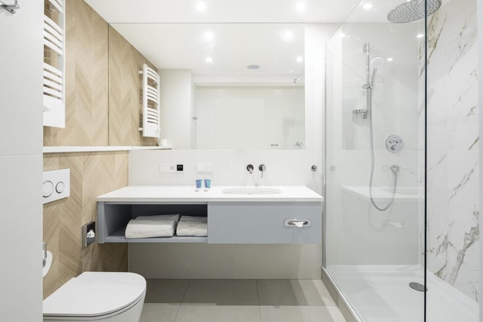 Hair dryer, towels, soap, shampoo