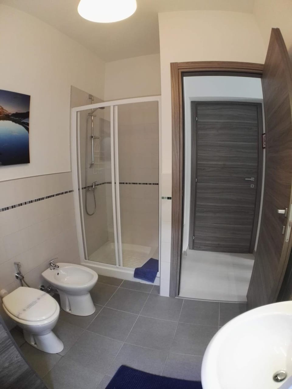Shower, rainfall showerhead, bidet, towels