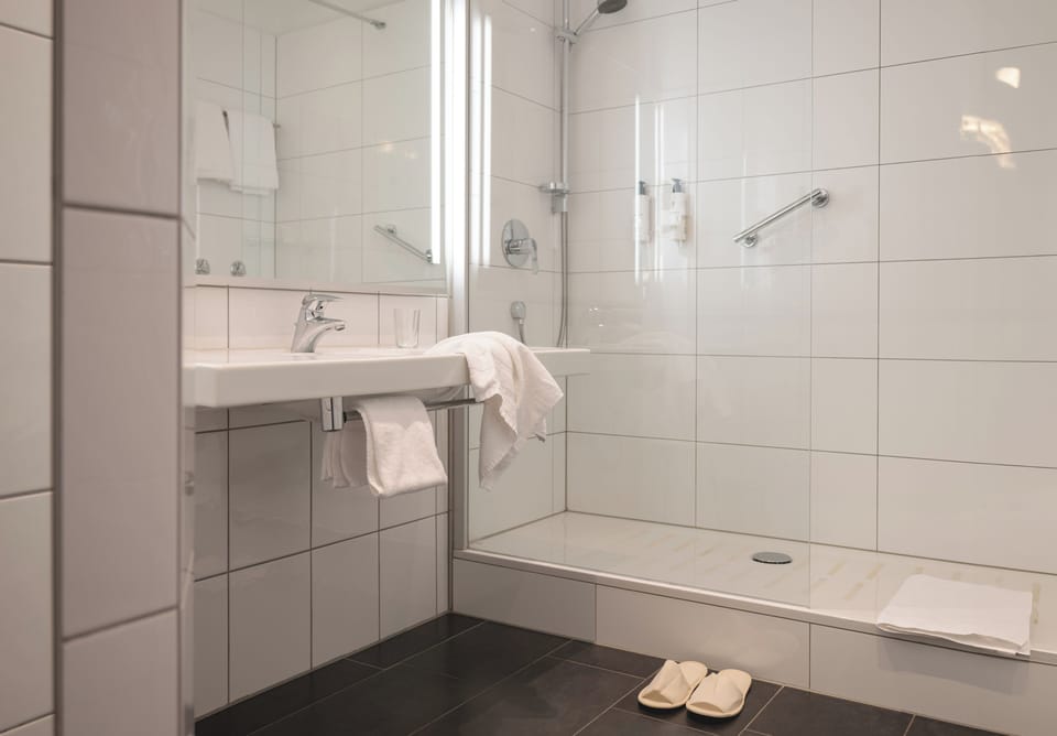 Eco-friendly toiletries, hair dryer, slippers, towels