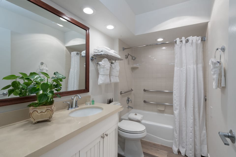 Combined shower/tub, free toiletries, hair dryer, bathrobes