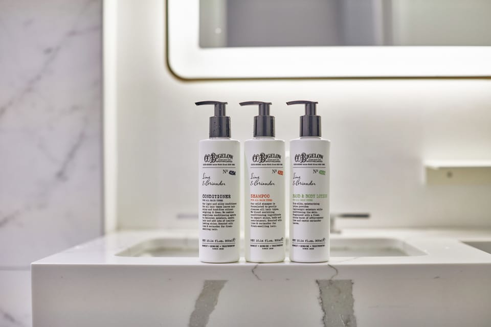 Shower, designer toiletries, hair dryer, towels