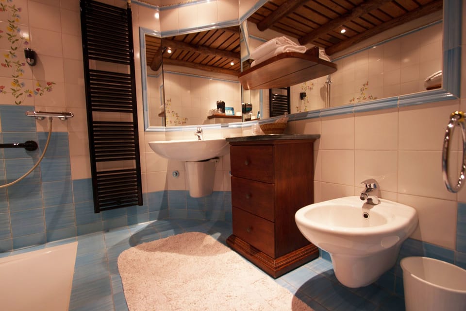 Eco-friendly toiletries, hair dryer, bidet, towels
