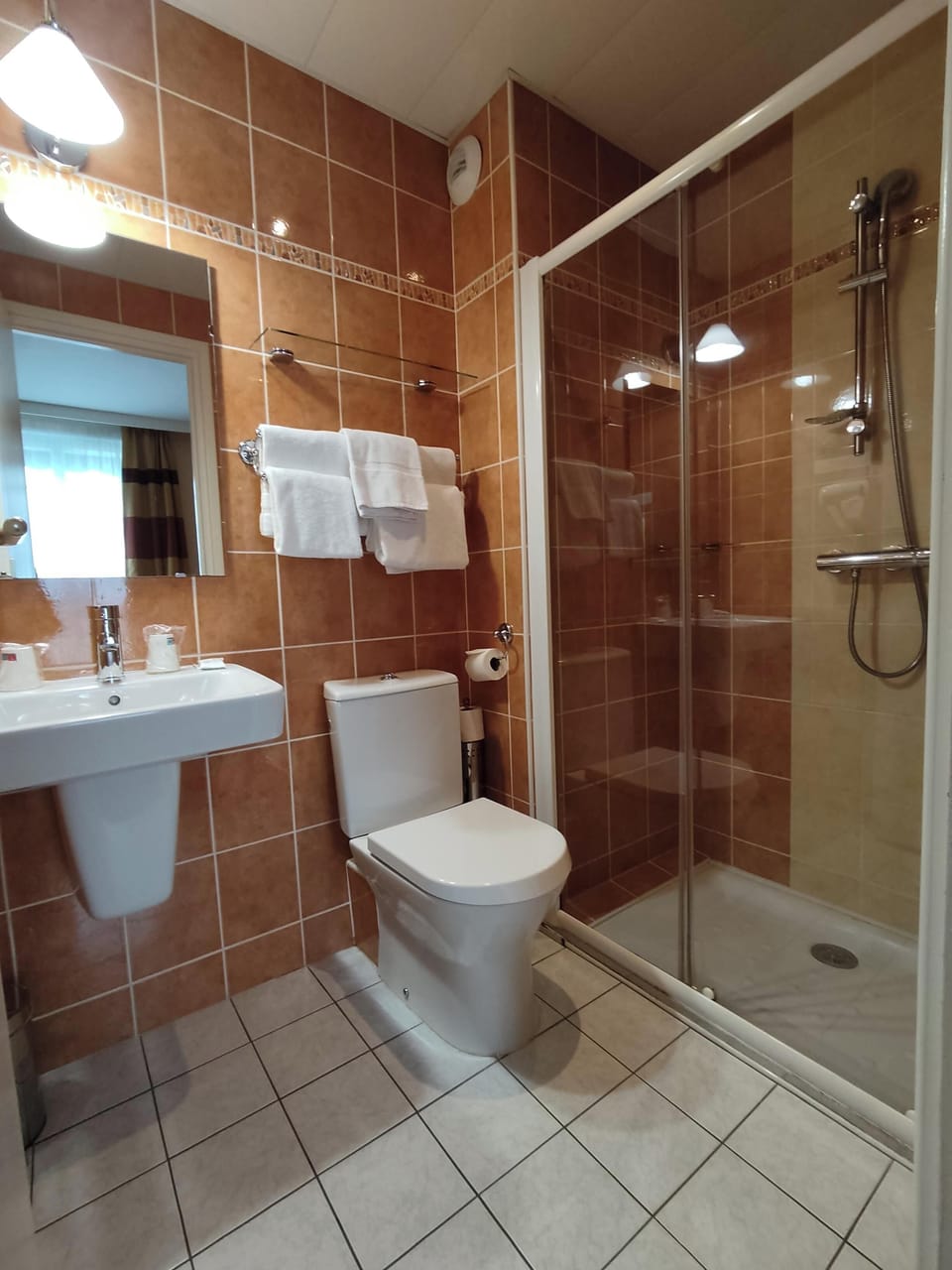 Shower, free toiletries, hair dryer, towels