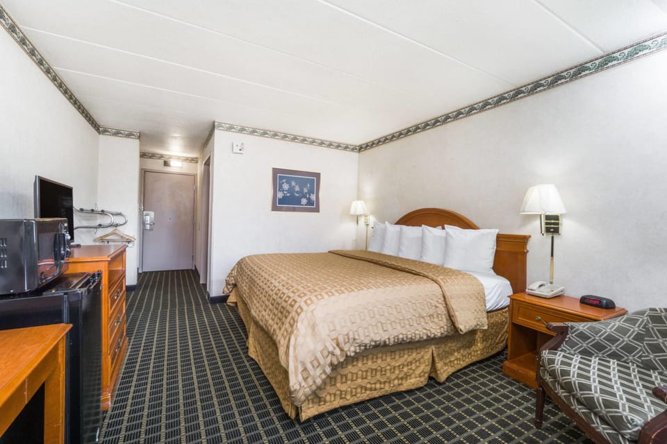 Room, 1 King Bed, Accessible, Non Smoking (Roll-In Shower) | Desk, laptop workspace, blackout drapes, iron/ironing board