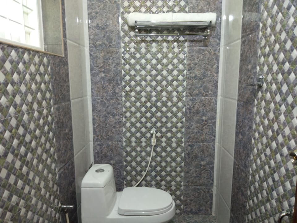 Shower, hydromassage showerhead, free toiletries, towels