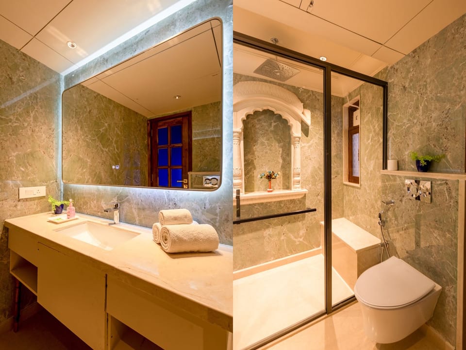 Shower, free toiletries, hair dryer, towels