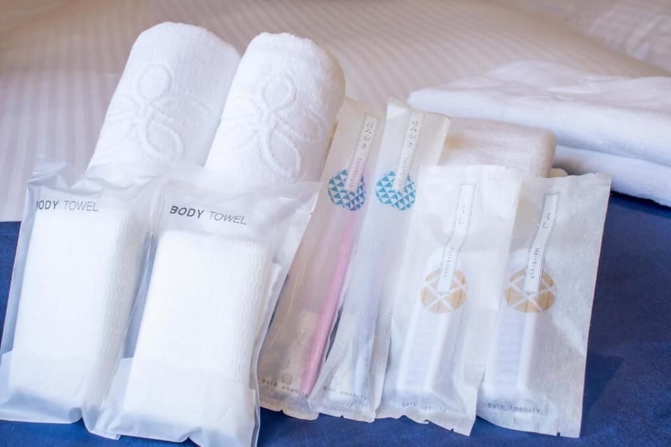 Combined shower/tub, free toiletries, hair dryer, slippers