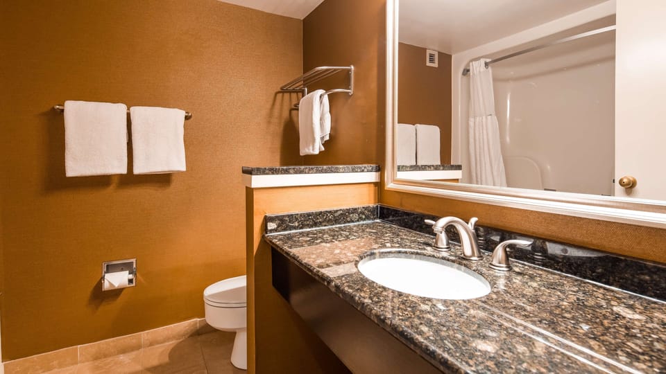 Combined shower/tub, eco-friendly toiletries, hair dryer, towels
