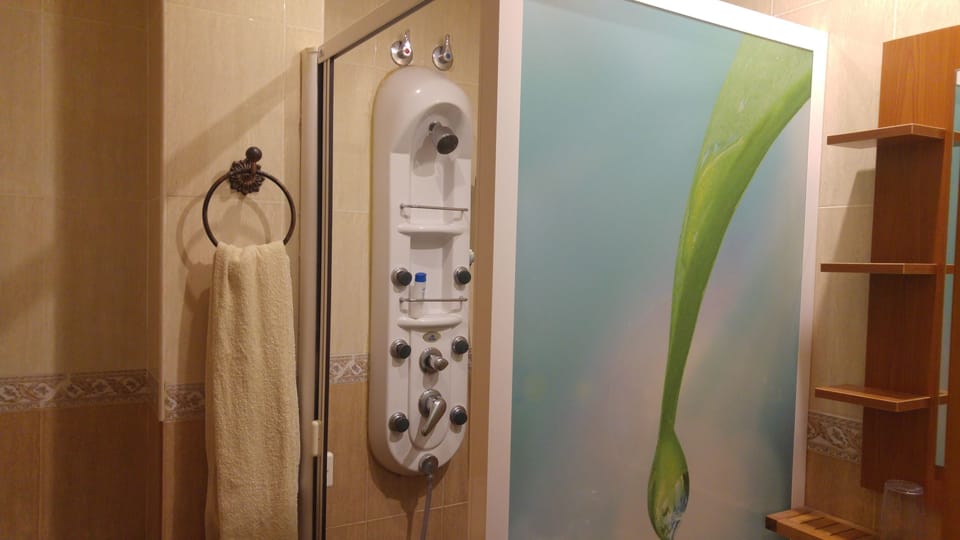 Shower, hydromassage showerhead, towels, soap