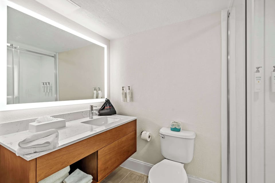 Combined shower/tub, free toiletries, hair dryer, towels