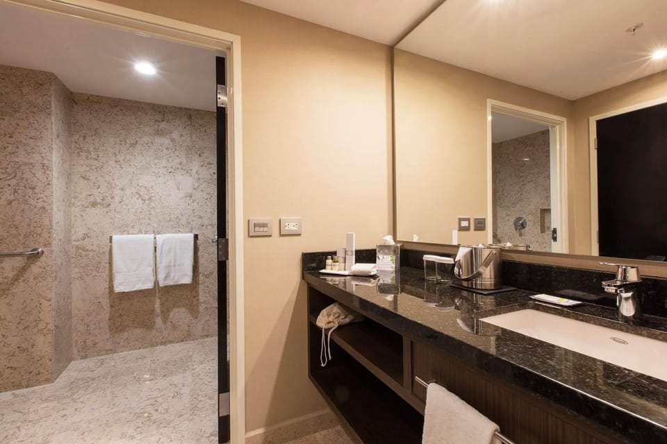 Shower, free toiletries, hair dryer, towels