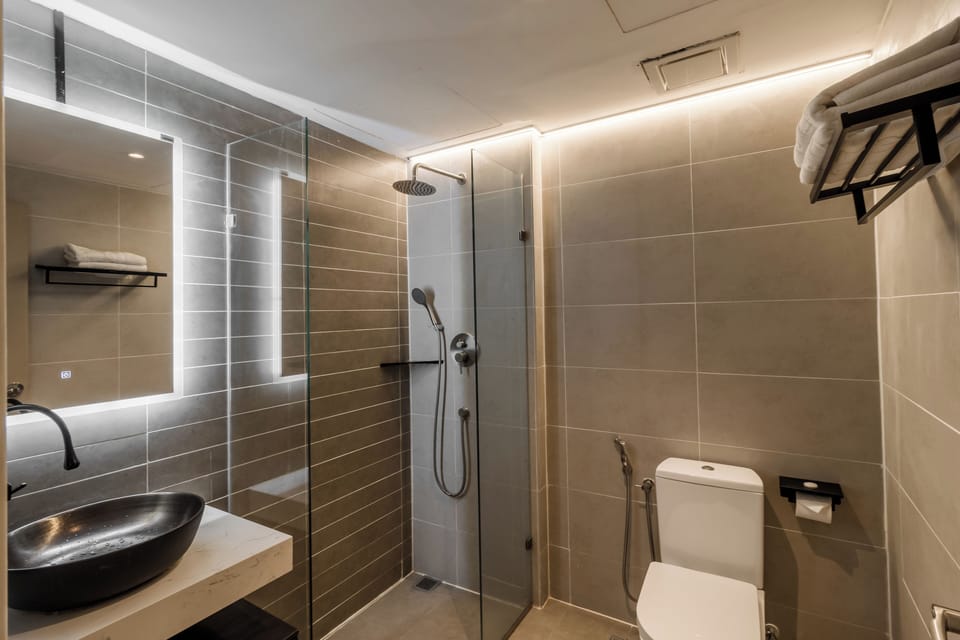 Shower, hair dryer, bidet, towels