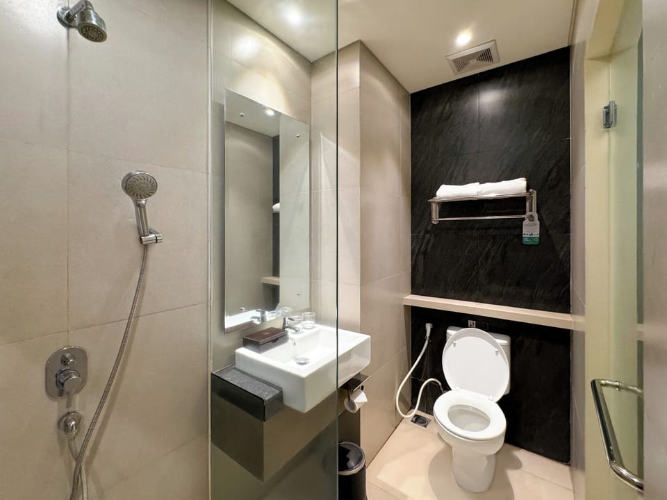 Shower, free toiletries, hair dryer, towels