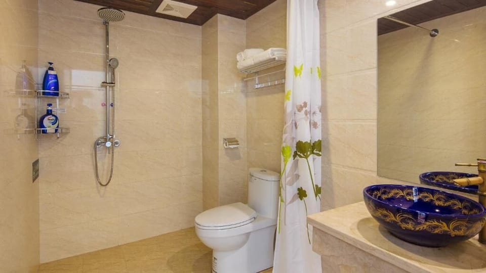 Shower, free toiletries, hair dryer, slippers