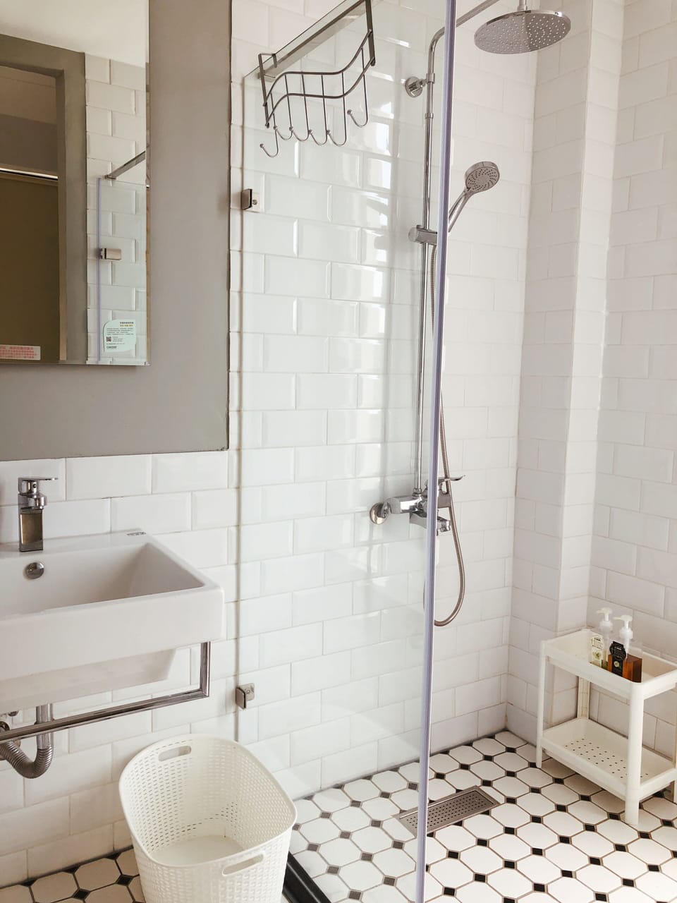 Shower, rainfall showerhead, hair dryer, slippers